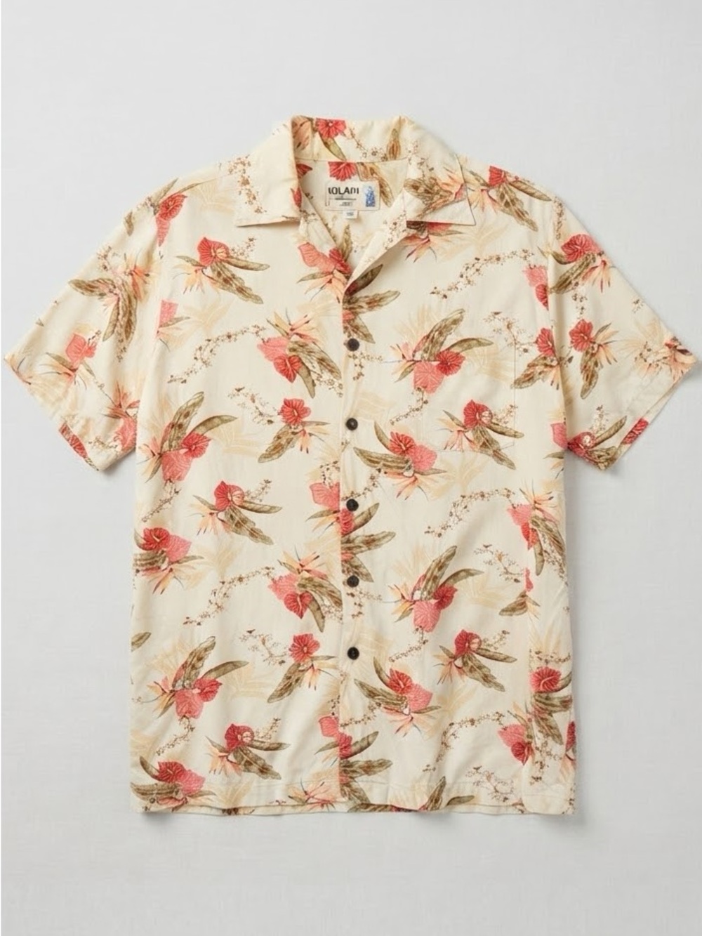 Vintage Iolani Made In Hawaii Aloha Shirt XL Cream Floral Hibiscus Rayon